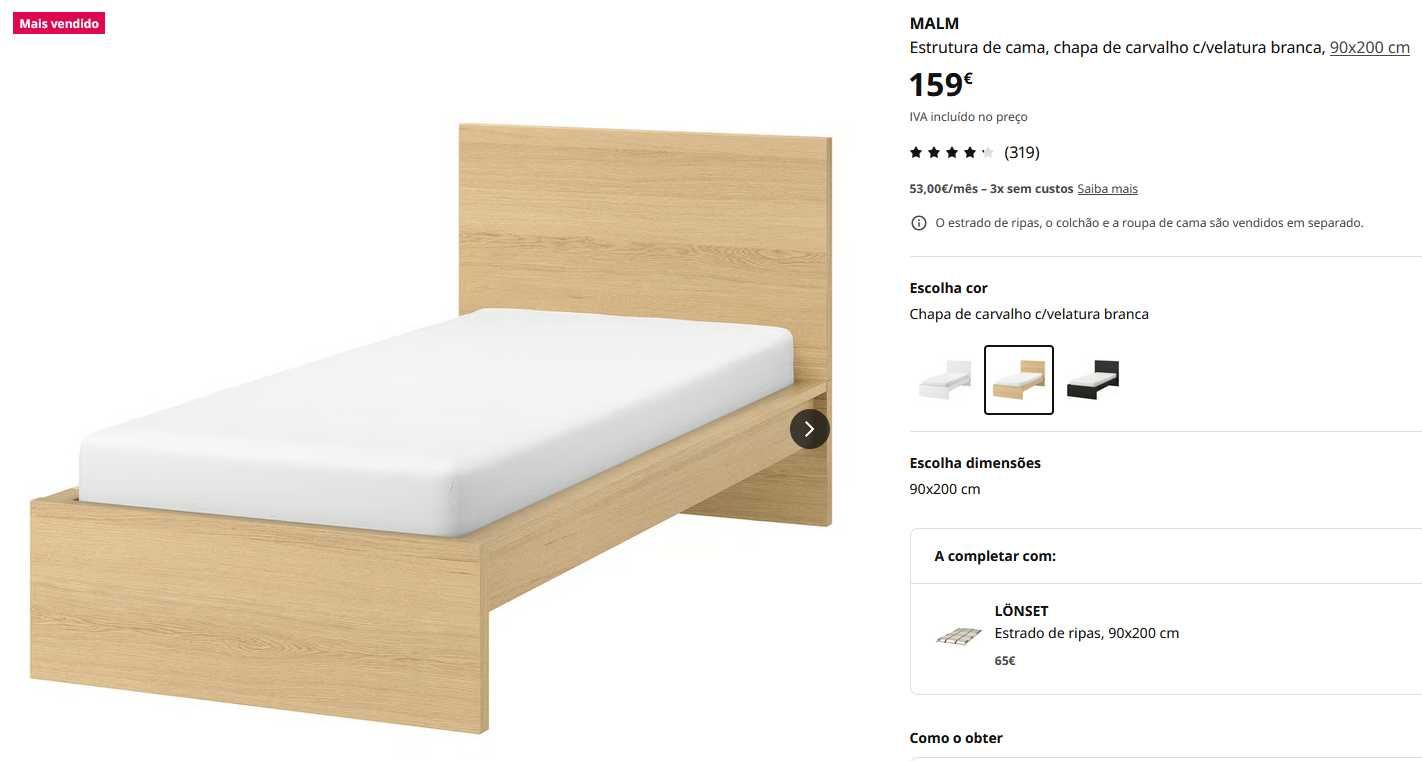 Cama Malm IKEA 90x200 com estrado e ripas