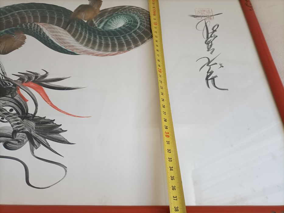 Vintage Quadro com Desenho Litografia Dragao Japonês Assinado