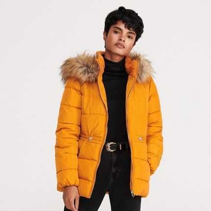 Reserved Kurtka ze sztucznym futrem Żółty Z kapturem, ciepła