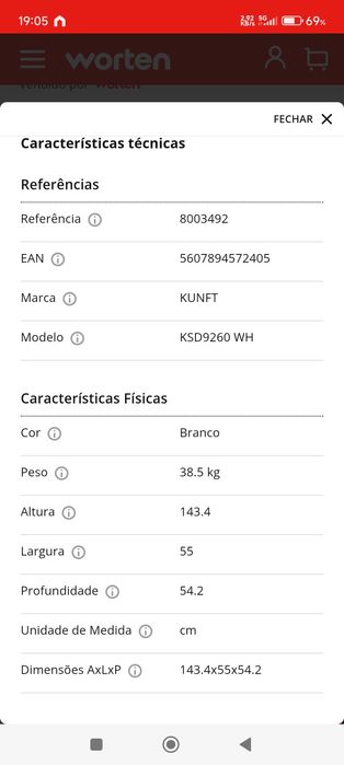 Frigorífico KUNFT KSD9260 (NOVO) 200€
246 L-143,4 cm- Branco)