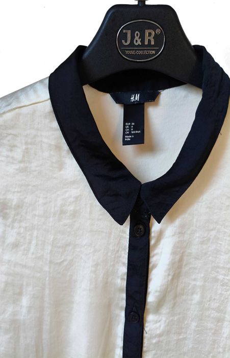 H&M 36 satynowa koszula ecru czarny kołnierzyk delikatna