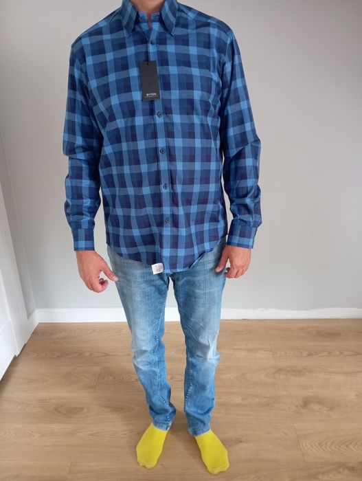 Nowa koszula Bytom slim fit L granatowa w kratę bawełniana