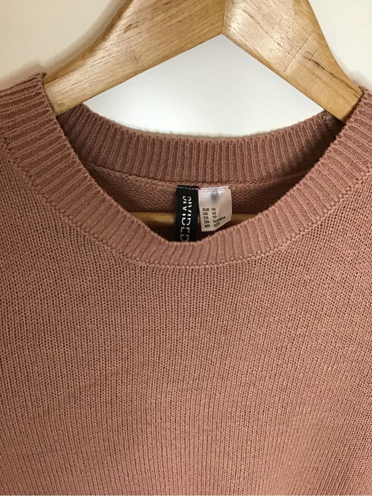 H&M sweter damski S z koszulą sweterek brudny róż ciepły elegancki