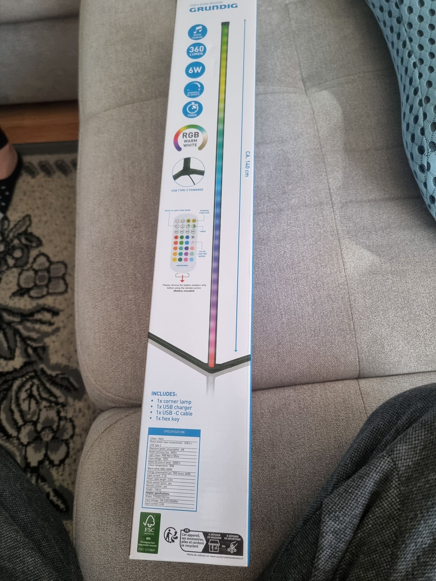 LAMPA LED GRUNDIG RGB music sensor podłogowa narożna 140 cm Pilot STOJ