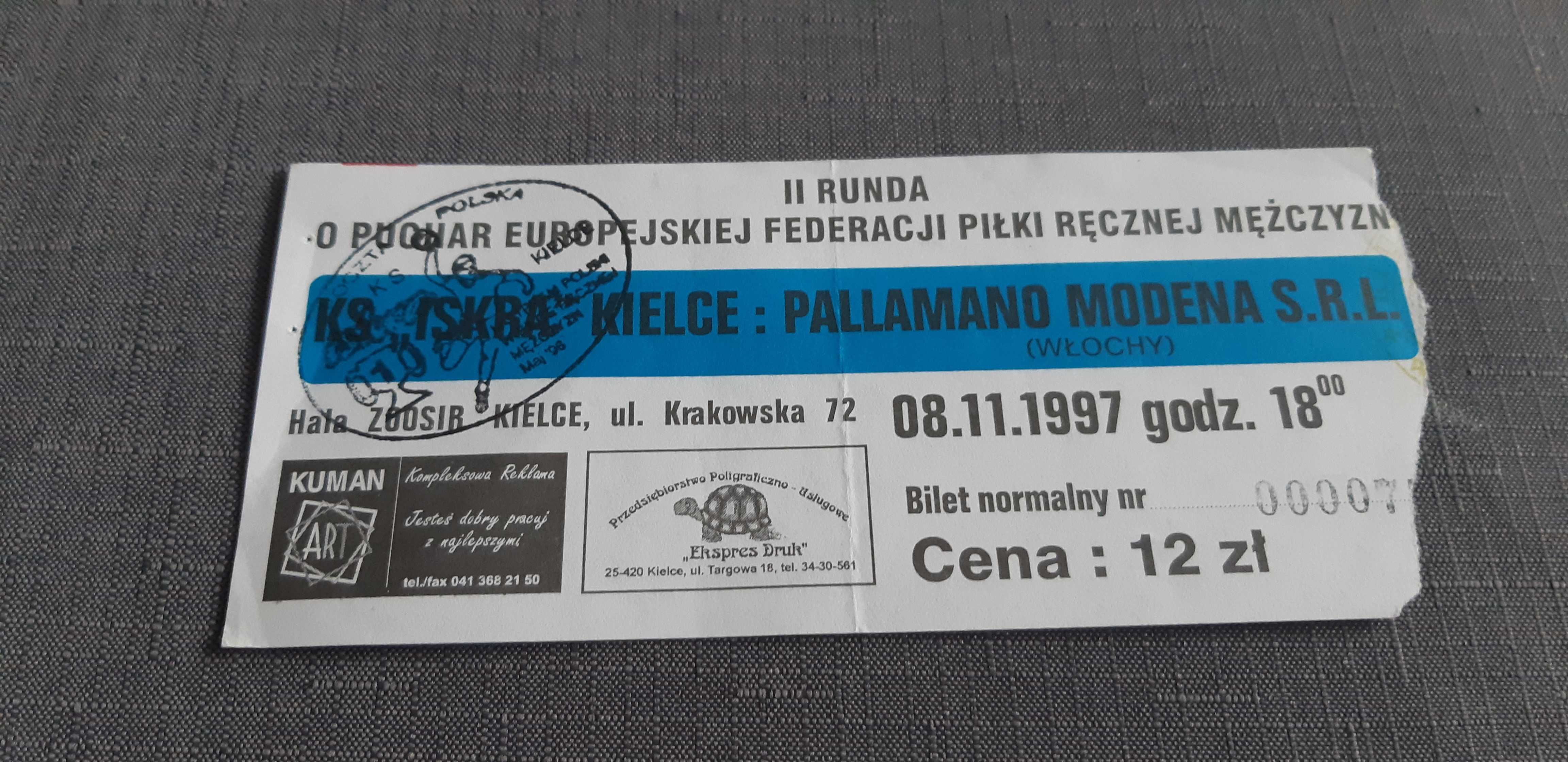 bilet KS Iskra Kielce -Pallamano Modena 08.11.1997