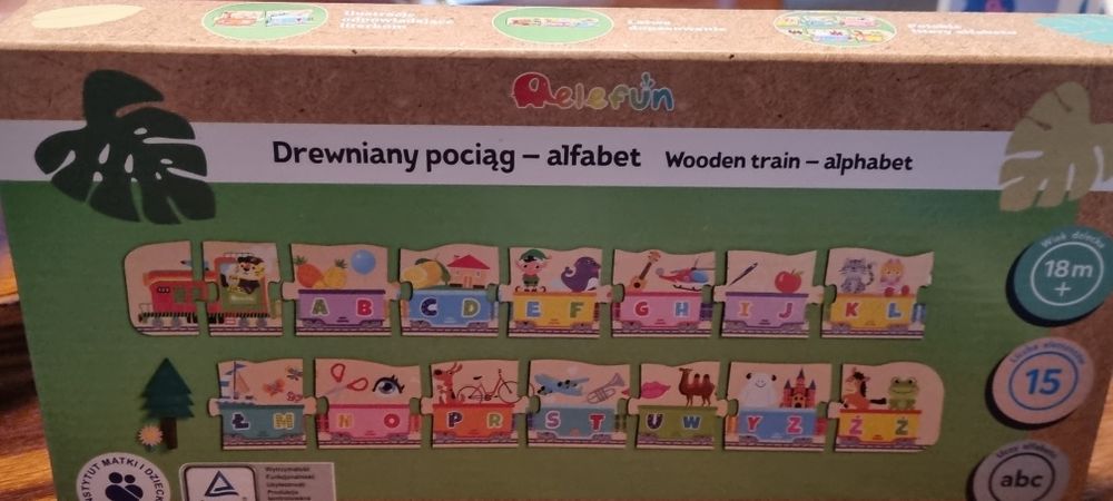 Drewniany pociąg Elefun nowy długi 171 cm alfabet