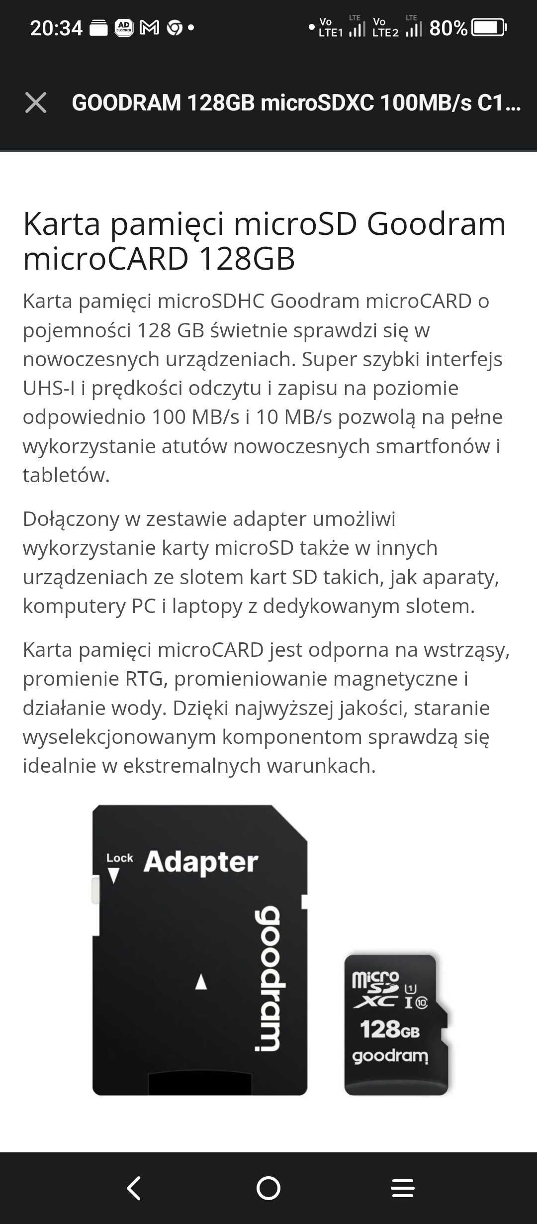 GOODRAM 128GB microSDXC 100MB/s C10 UHS-I U1 z adapterem bardzo szybka