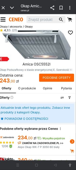 Okap podszafkowy AMICA 50cm Inox