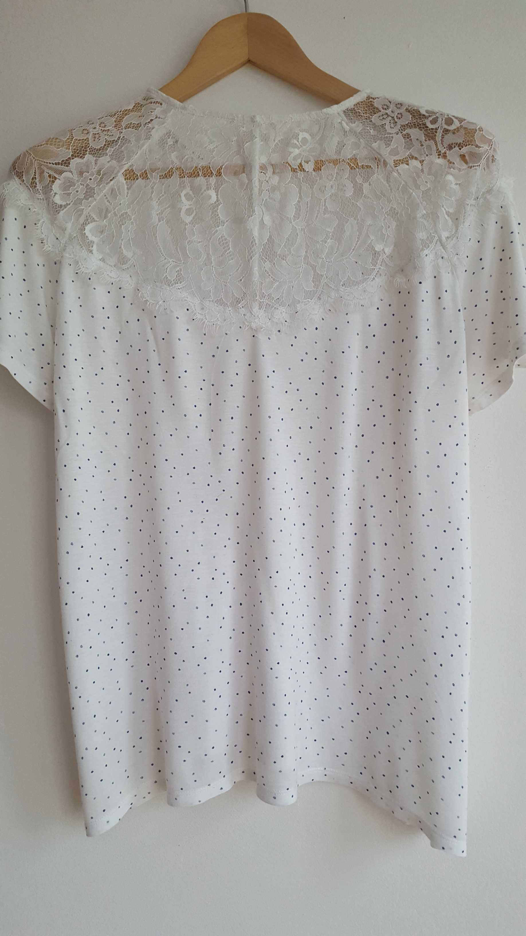 Biała bluzka w kropeczki z koronką H&M, rozmiar L