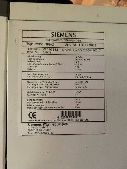 Siemens Bomba de Calor 2WP2 788-2 para agua quente, usado