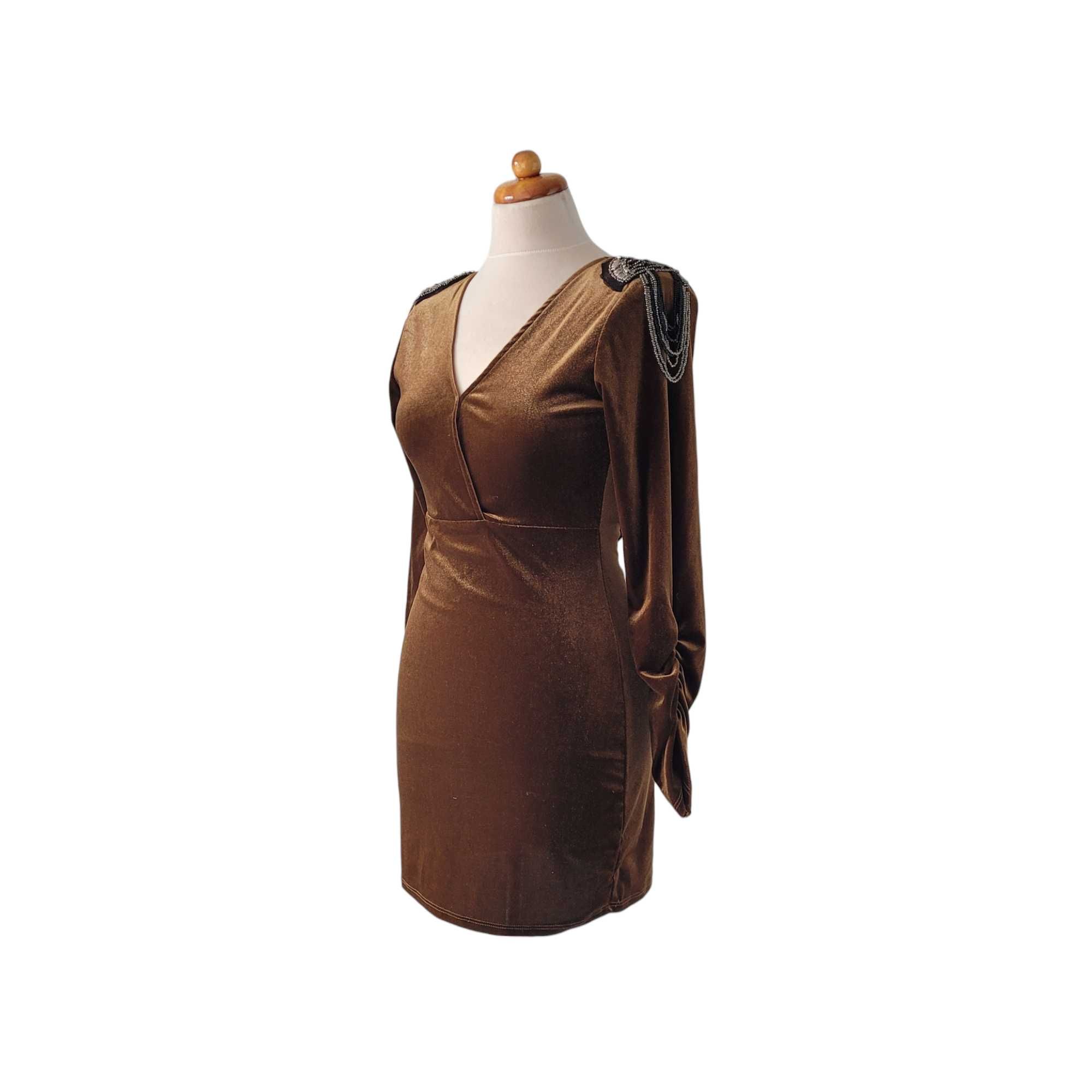Brązowa aksamitna sukienka vintage S koraliki wieczorowa imprezowa