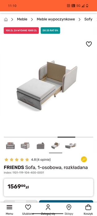 Sofa jednoosobowa rozkładana, stan jak nowy