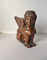 Drewniana rzeźba "skrzydlaty sfinks"/ "gryf z głową kobiety"