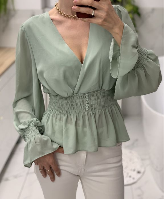 Bluzka mietowa z szyfonu bufiaste rekawy boho romantyczna na lato 40