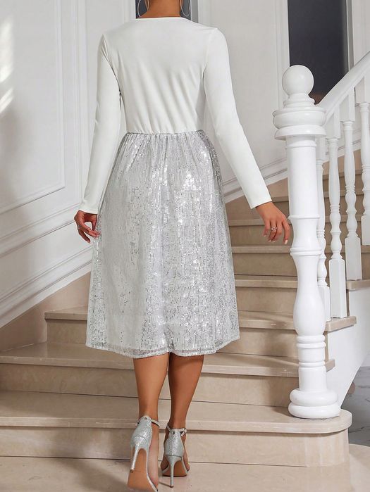 Sukienka Imprezowa Rozkloszowana Midi Cekinowa Srebrna Shein L 40