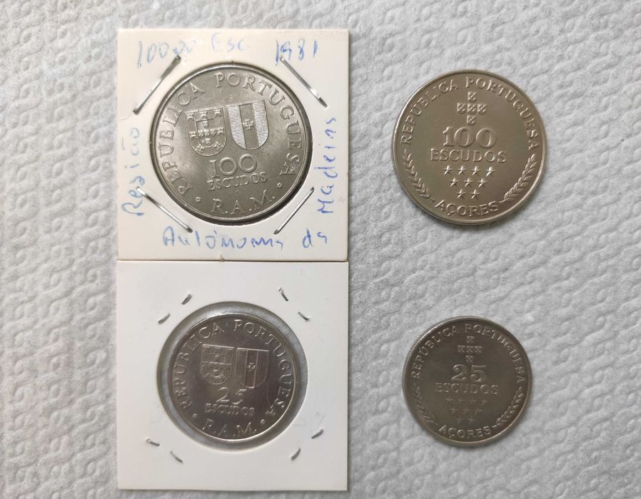 Conjunto de 4 Moedas Açores e Madeira 25$ + 100$