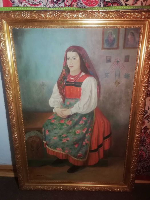 Obraz kobieta w stroju ludowym sygn. R. Lizut płótno olej
