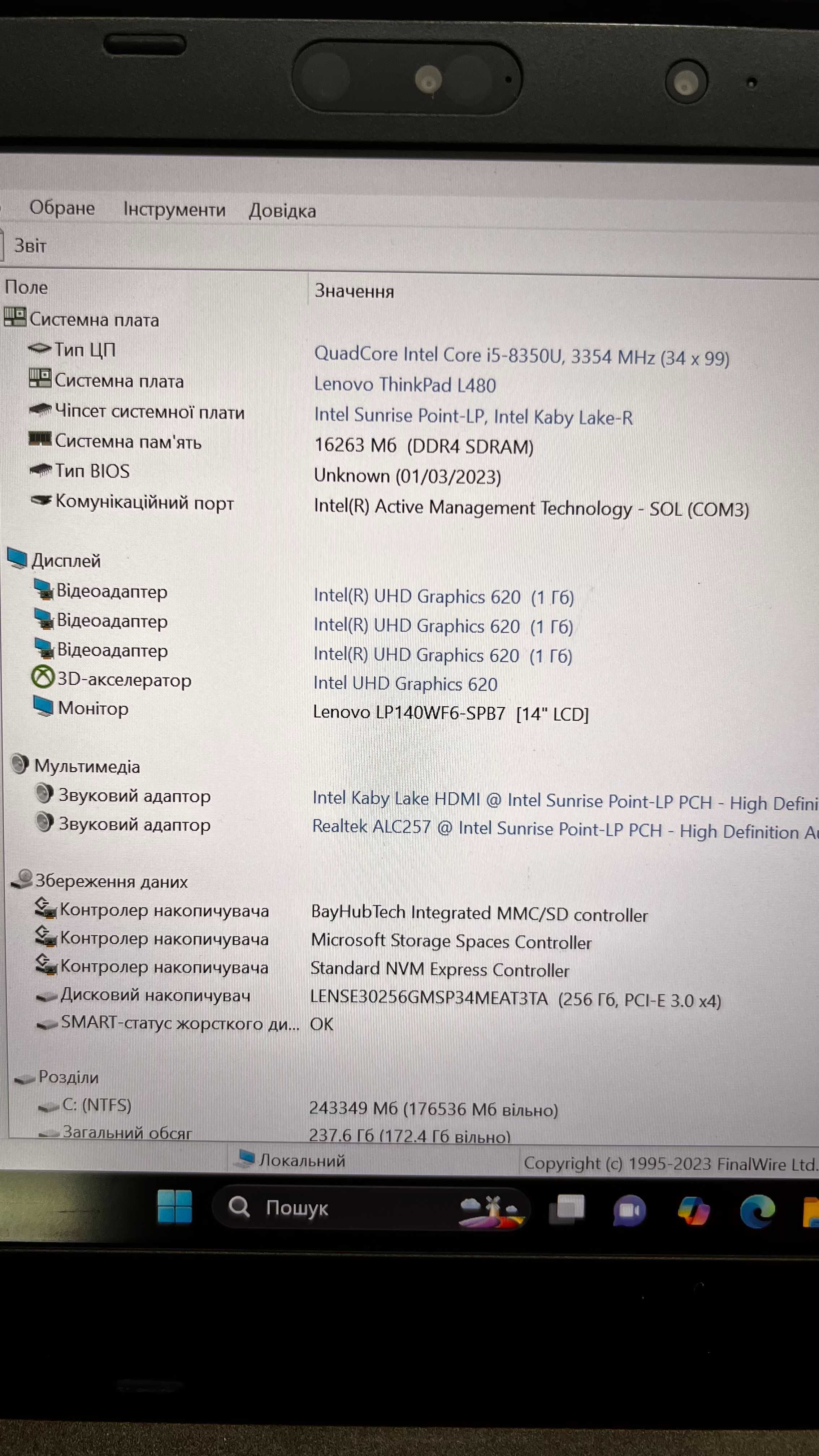 Lenovo ThinkPad L480 i5-8350U 16GB DDR4 SSD 256GB 14" LCD Full HD