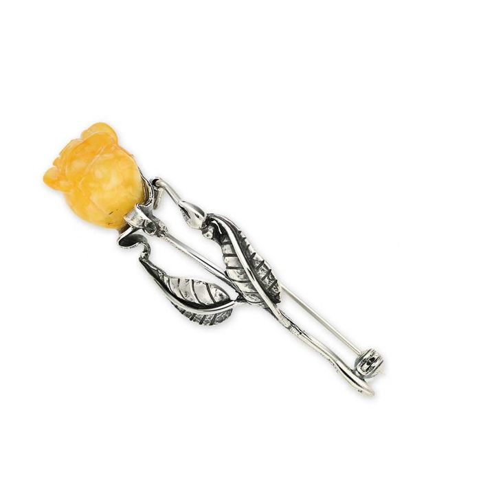 Srebrna broszka z bursztynem - Róża pr.925