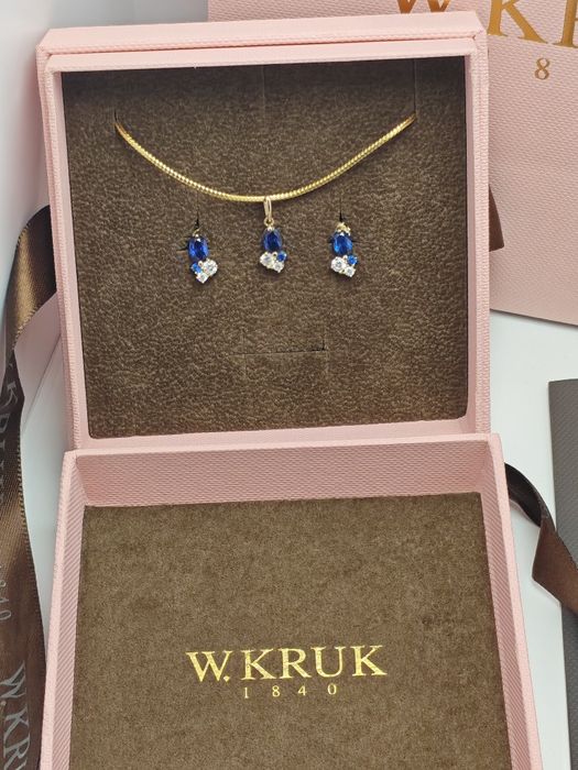 Komplet biżuterii W.Kruk złoto 375 z niebieskimi cyrkoniami
