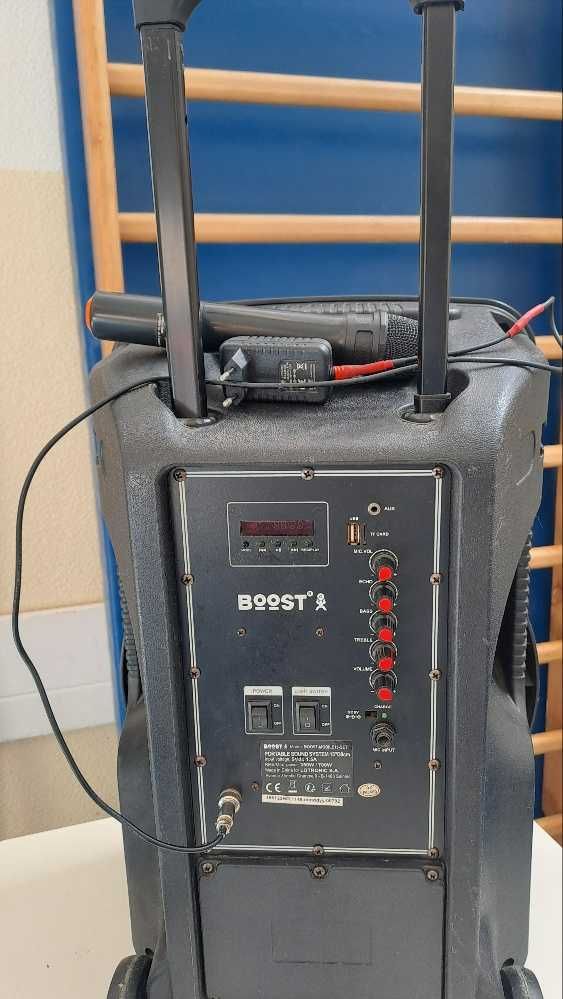 Coluna com rodas  com microfone e tripé