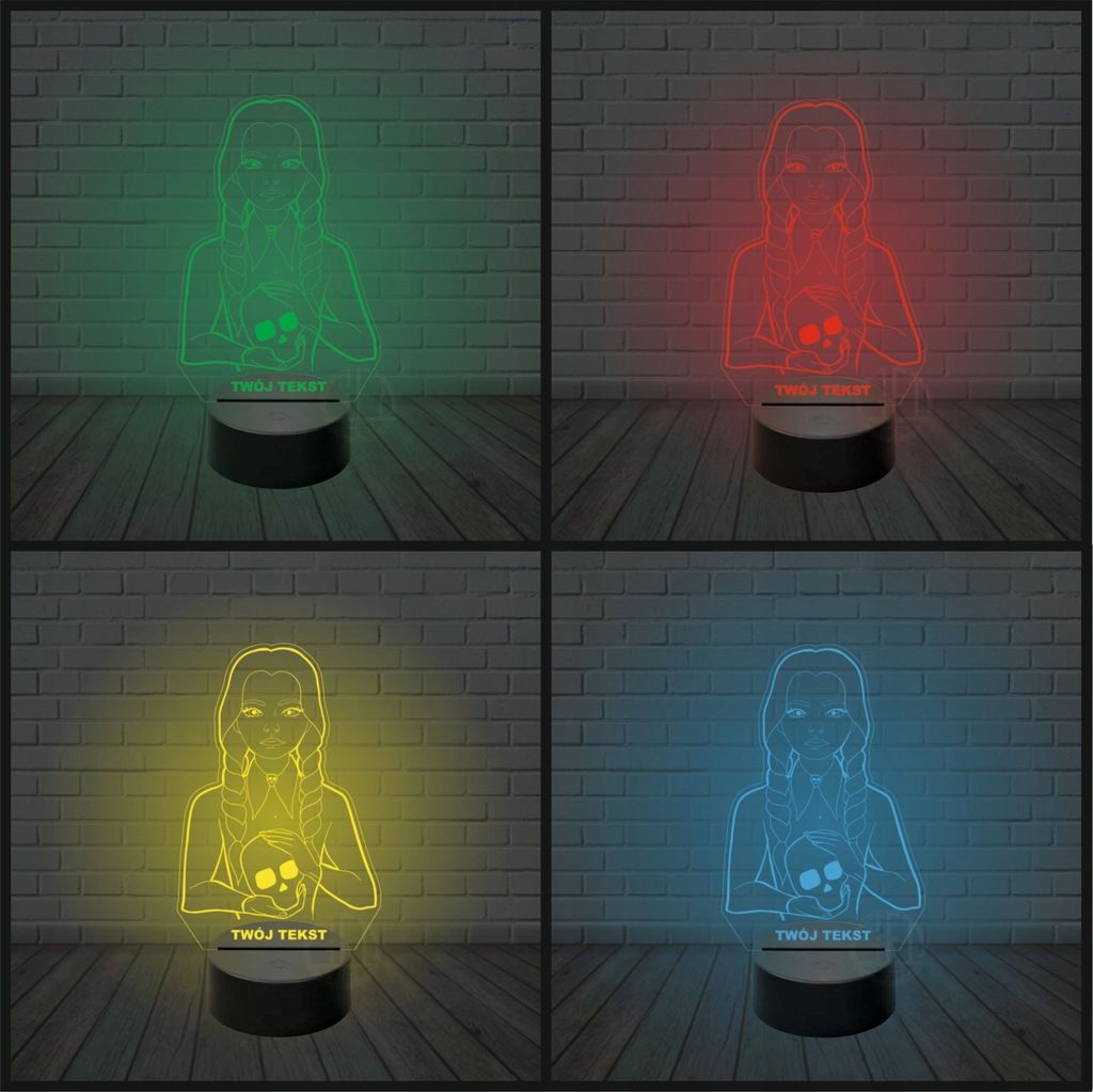 Lampka nocna 3D LED imię grawer WEDNESDAY czaszka