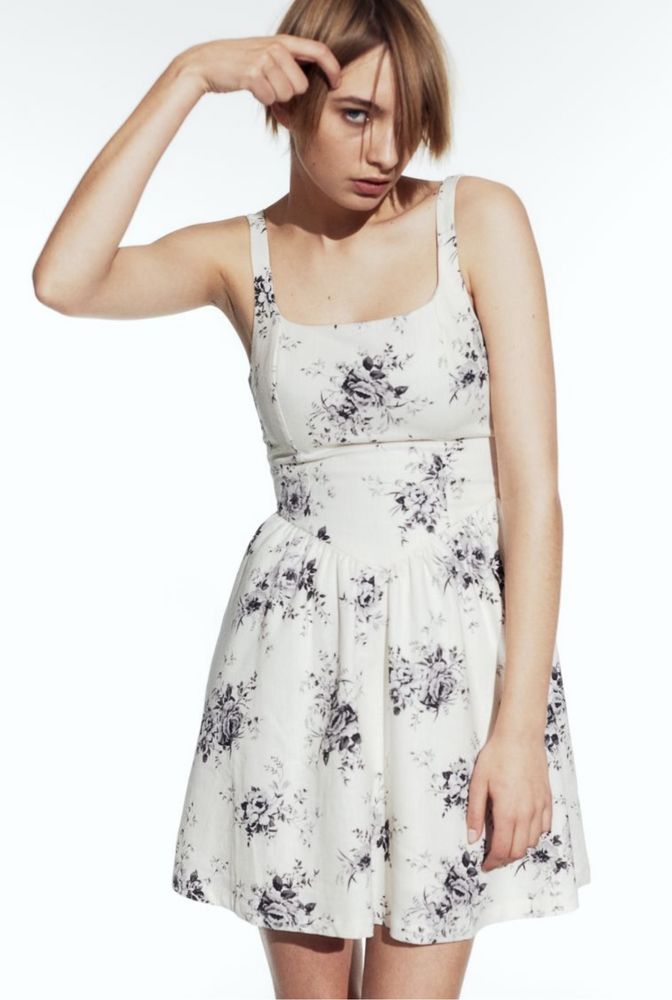 Nowa z metką letnia krótka kremowa sukienka w kwiaty H&M len M 38