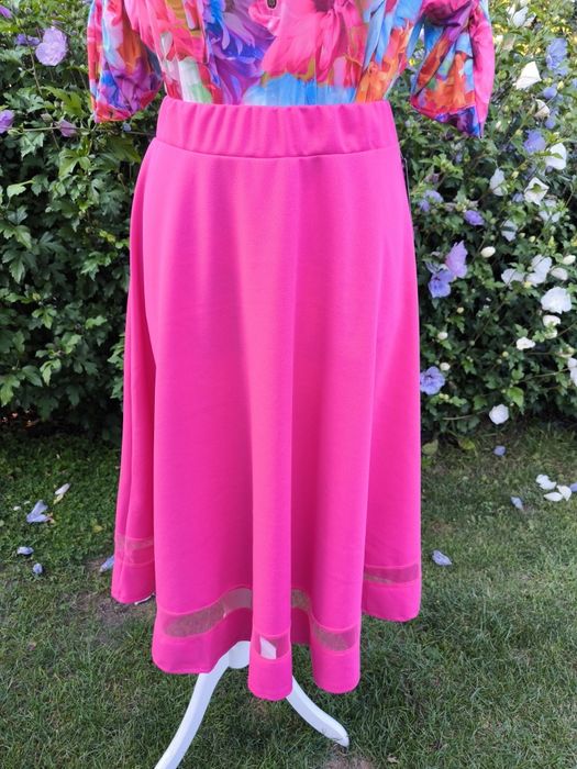 Spódnica rozkloszowana fuksja z pasem siateczki made in italy r. m-xxl