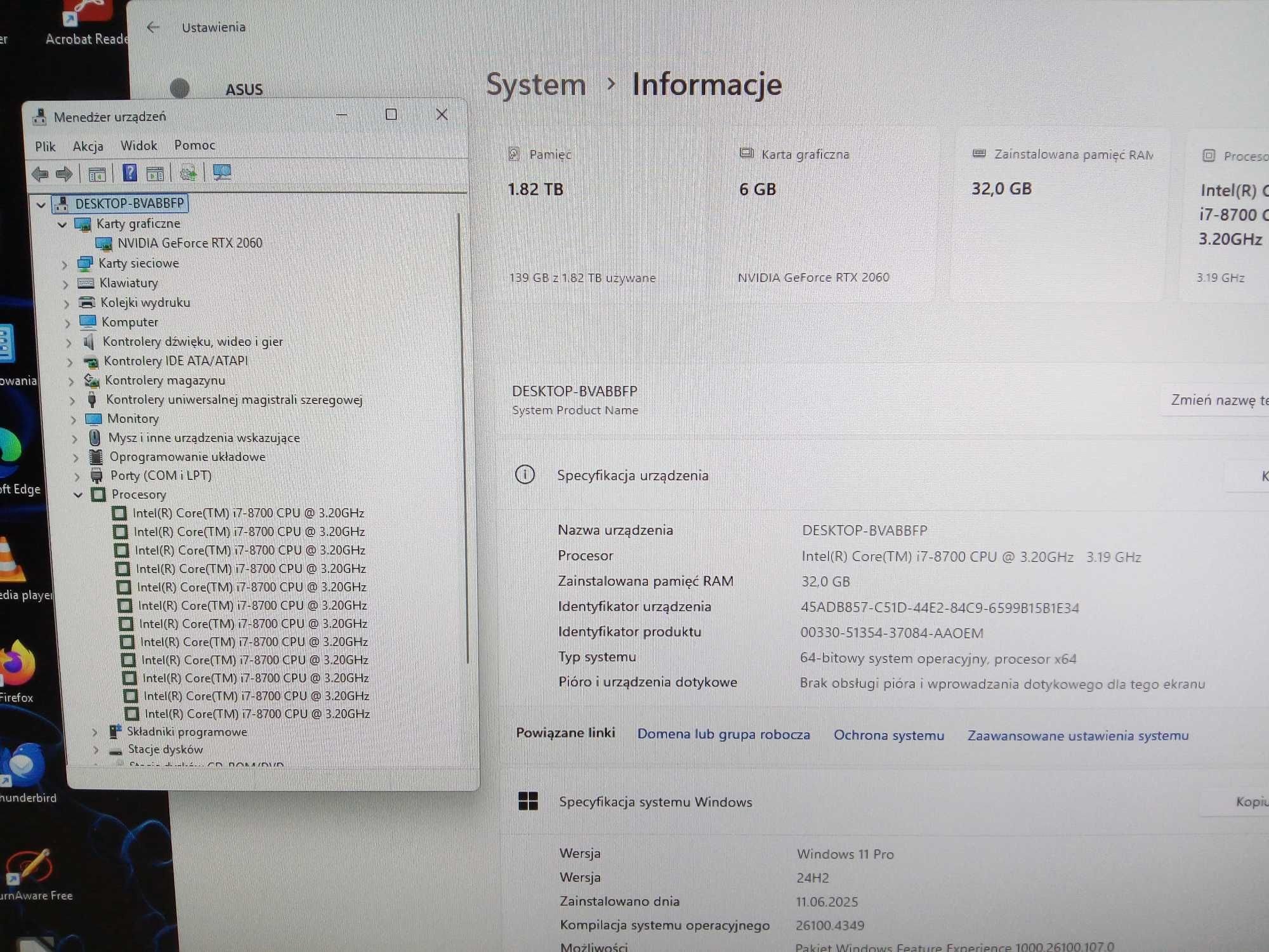 Komputer Używany Asus i7 8Gen 32GB 512 SSD 2TB HDD RTX 2060 GW FV