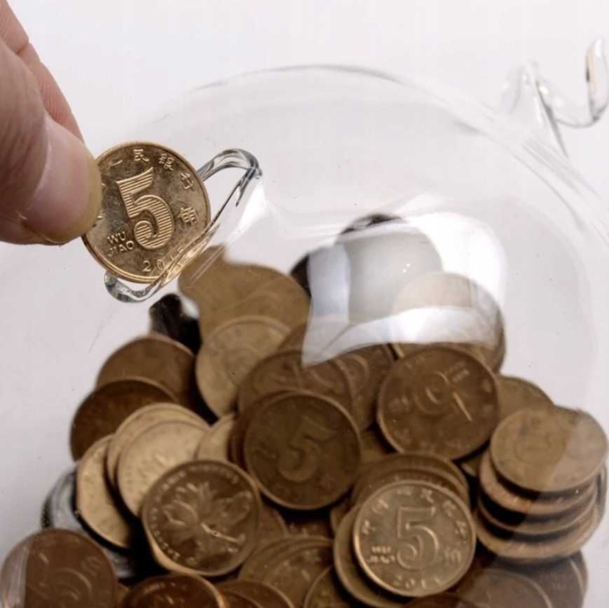 Skarbonka na Prezent Świnka na Monety Banknoty Szklana Przeźroczysta