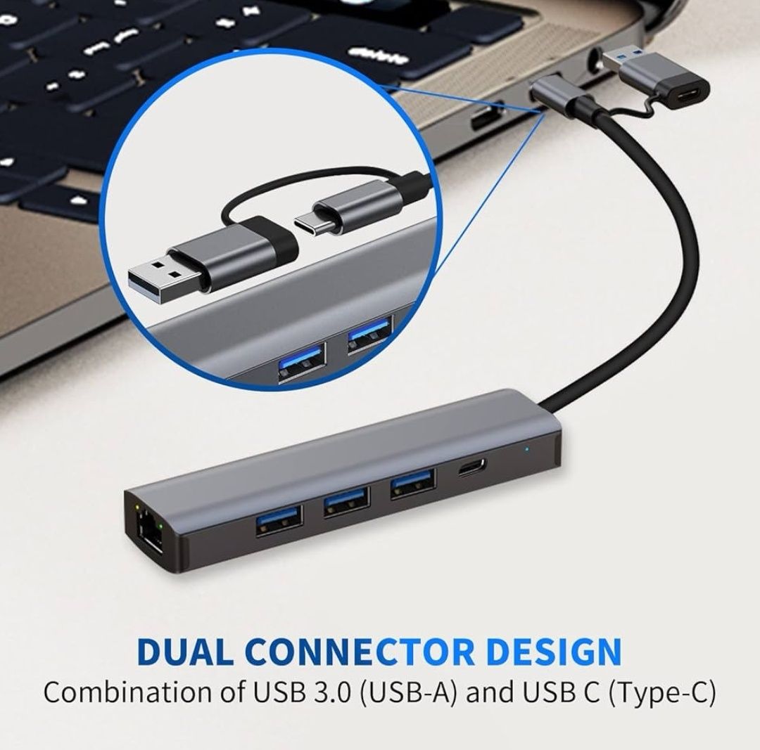Hub USB C, 5 w 2 typu C/USB 3.0 adapter z podwójną konwersją, 3 x USB