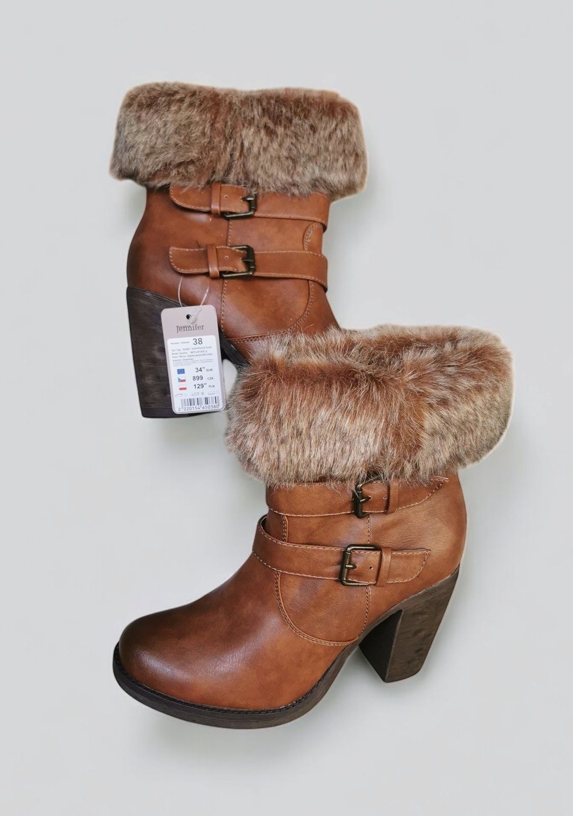 Botki Na Obcasie Camel Klamry Ocieplane Futerko Boho Retro Nowe 38
