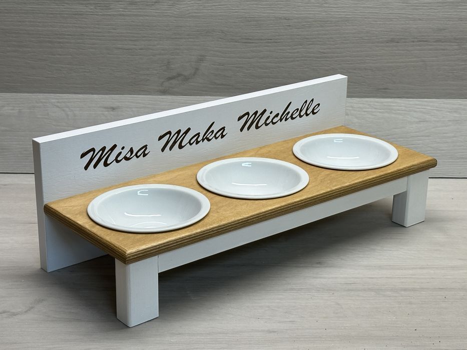 3 Miski ceramiczne dla kotów na stojaku + Twój nadruk - Biały + BUK