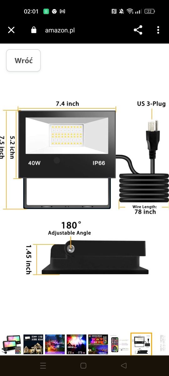 HEKEE Zewnętrzny reflektor LED, 40 W, zmiana kolorów RGBW, tryb strobo