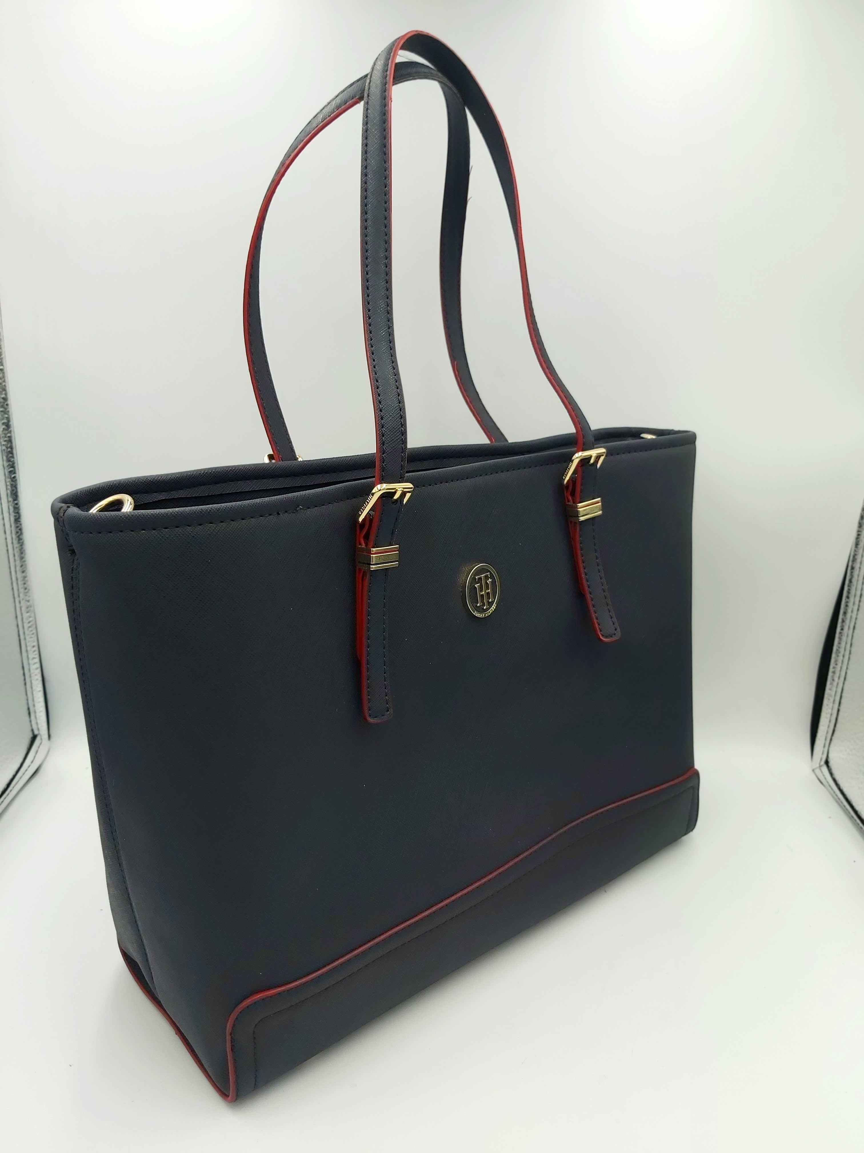 Torebka TOMMY HILFIGER granatowa czerwona torba shopperka pojemna