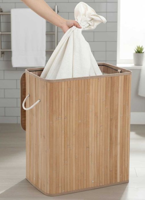 PRAKTYCZNY kosz na pranie 105L z bambusa – segregacja jasne/ciemne