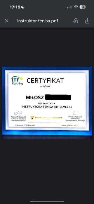 Trener /Instruktor Tenisa Ziemnego 100zł/h