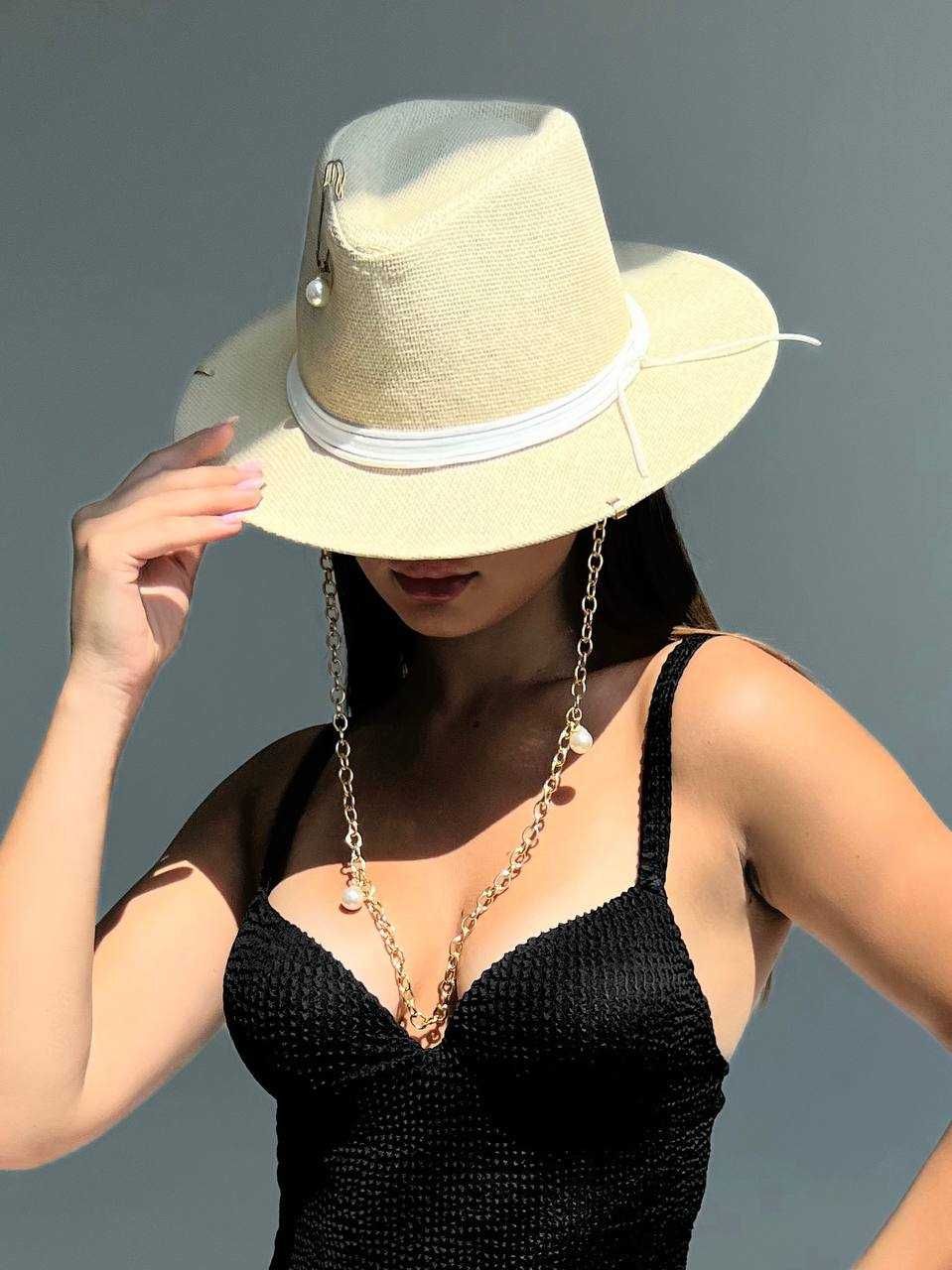 Літній солом'яний капелюх Федора з ланцюжком, Pearls Collection