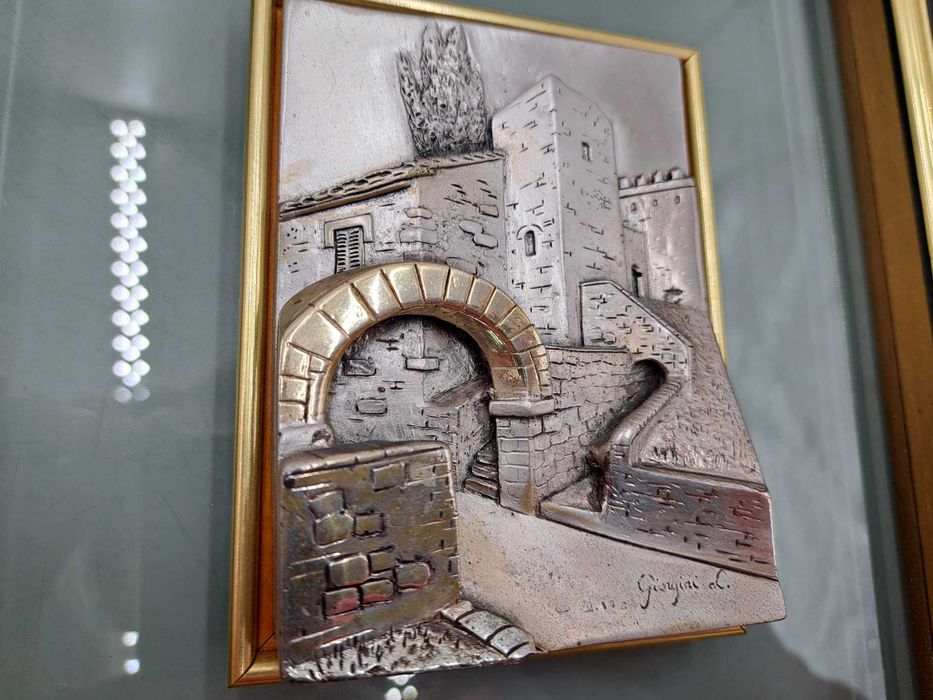 Obraz srebrny wypukły domy brama arkada włoski Giorgini L. 10g srebra