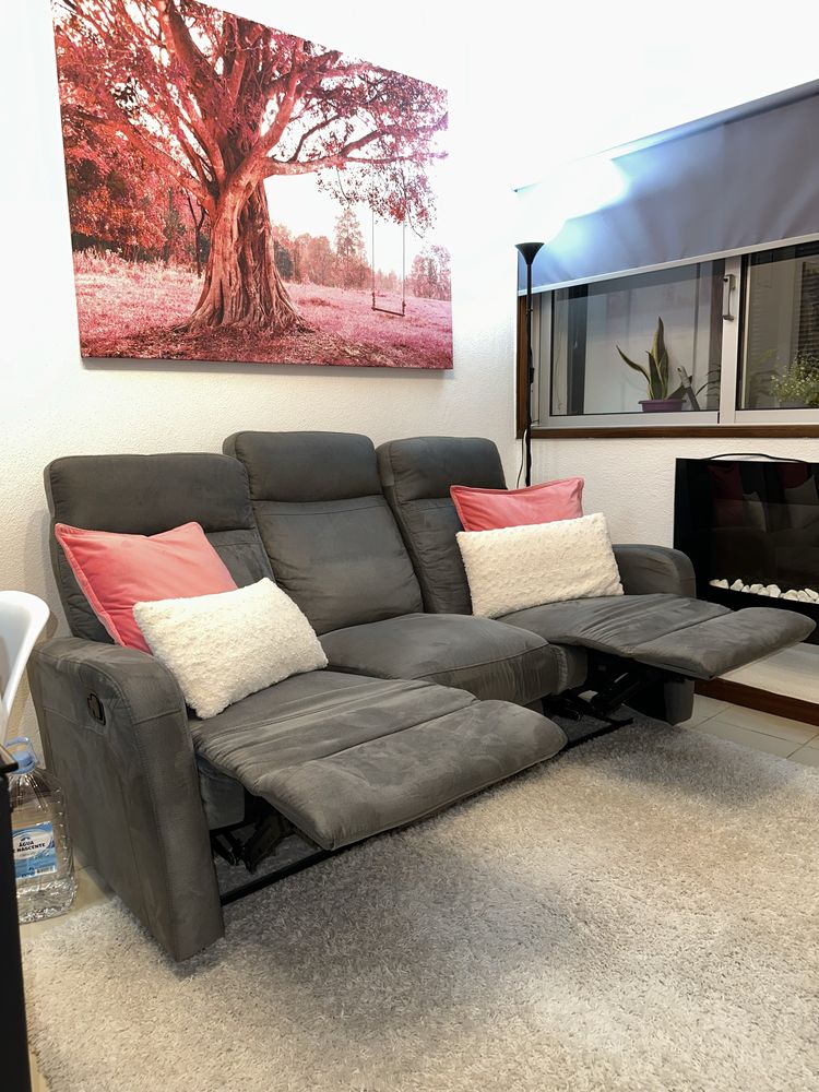 Sofá de microfibra cinzenta com 2 chaise-longue