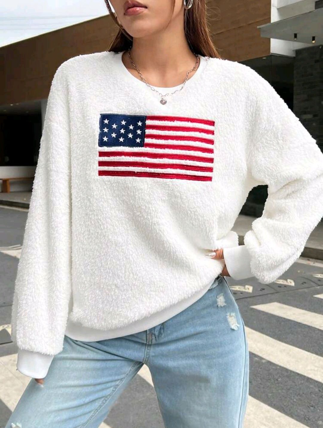 SHEIN EZwear Bordado De Bandeira Ombro Caído Lã Moletom