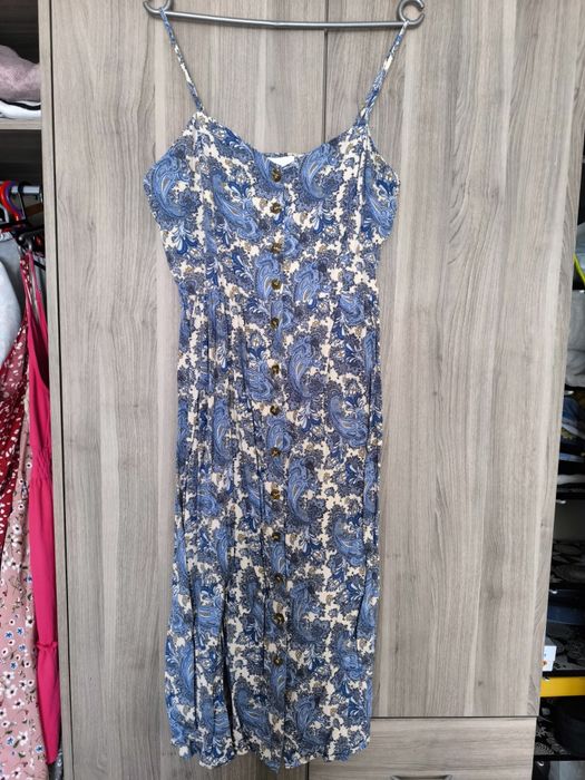 letnia sukienka MIDI maxi Boho print etno h&M L XL na guziczki wesele