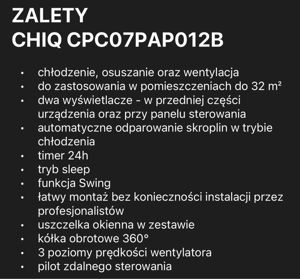 Przenośny Mobilny Klimatyzator 3w1 CHiQ 7000BTU 2KW Klimatyzacja