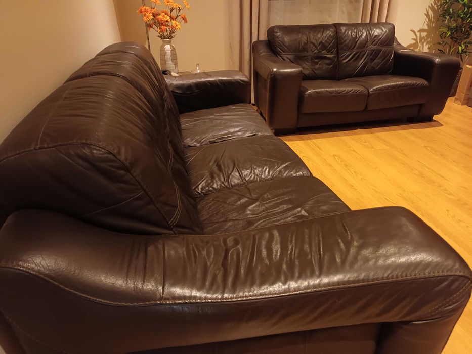 Conjunto Sofás de Pele Castanho Chocolate