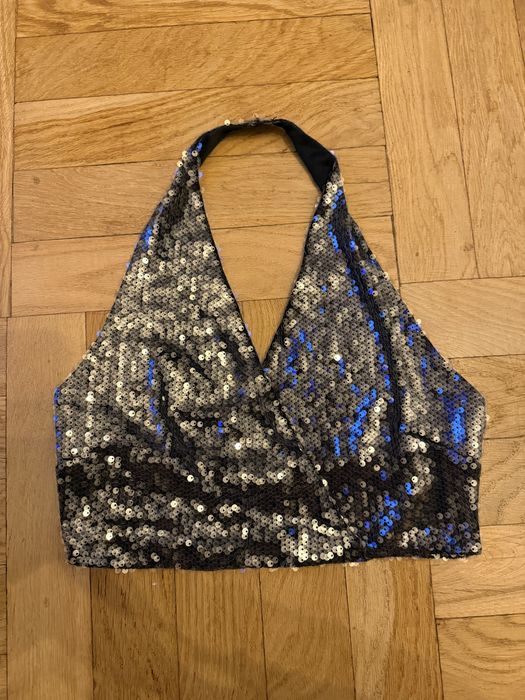 Bluzka na szyję cekinowa błyszcząca srebrna M