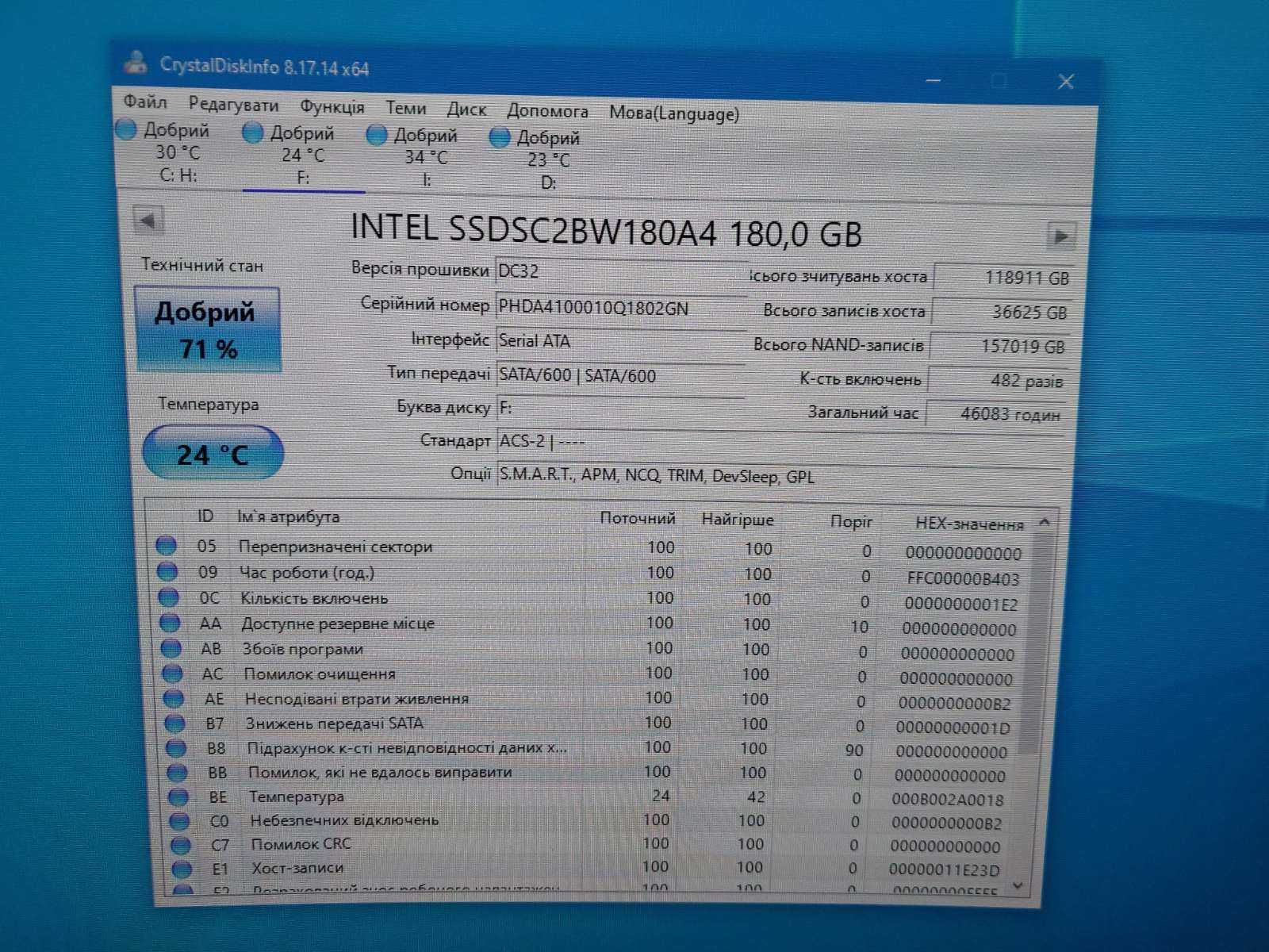 ссд intel ssd 530 series 180gb бу состояние на фото