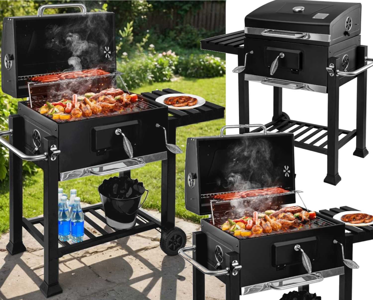 GRILL OGRODOWY z Pokrywą Półką Termometrem Na Kołach Duży XL