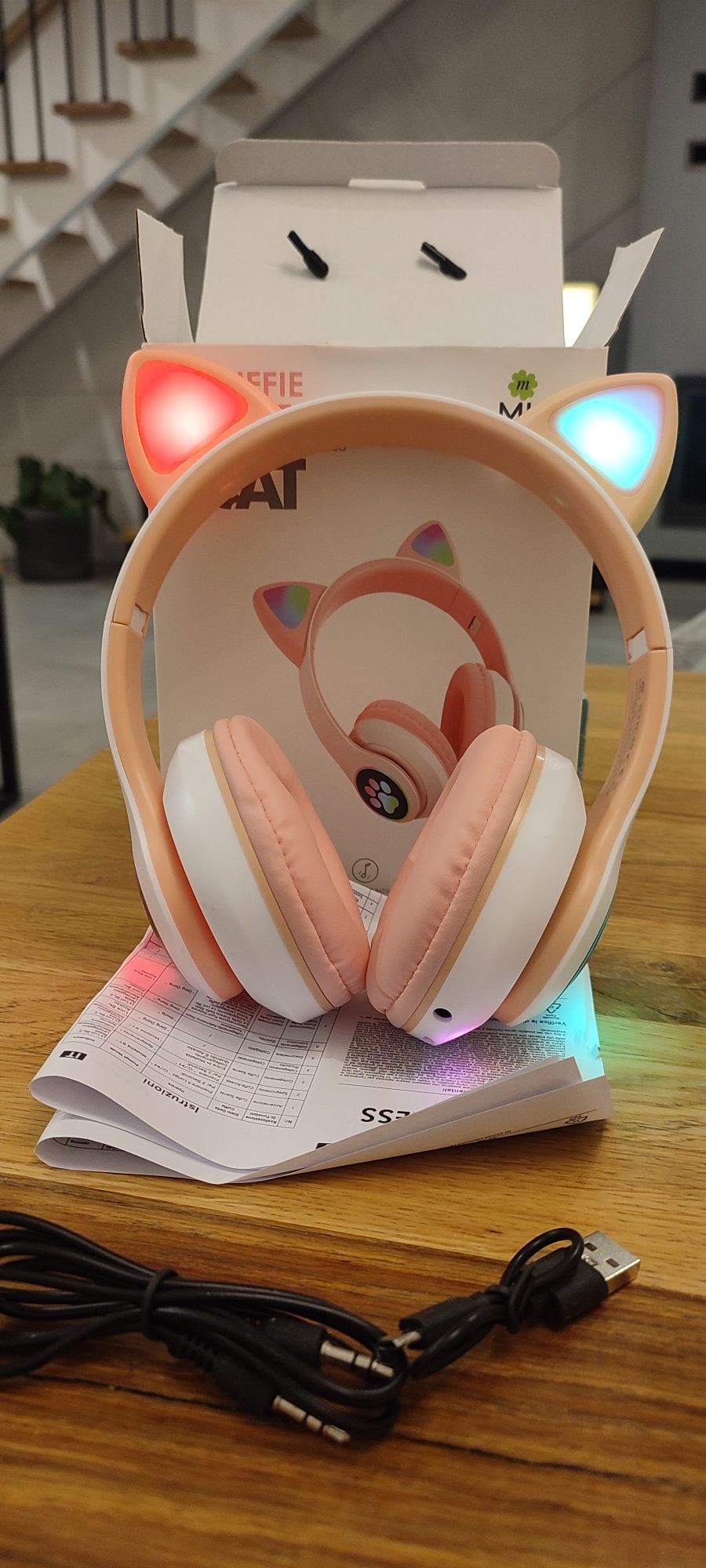 Słuchawki bezprzewodowe Koty różowe dla dziewczynki bluetooth.