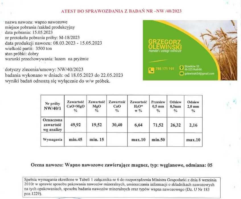 Cena z dostawą Wapno Magnezowe odm.05 CaO34%+MgO22% F-vat certyfikat