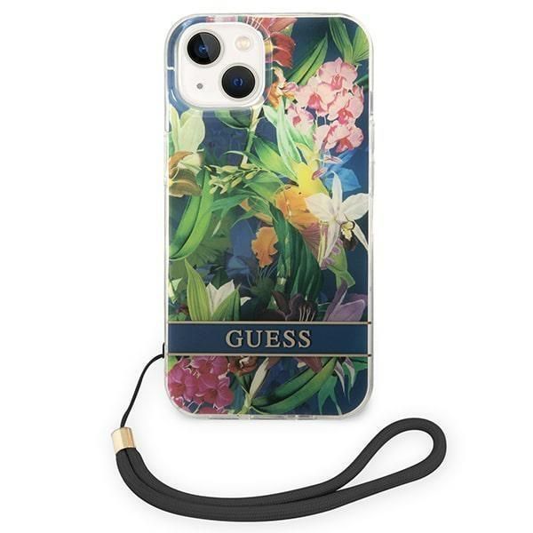 Etui Guess Flower Strap do iPhone 14 Plus 6,7", Niebieskie